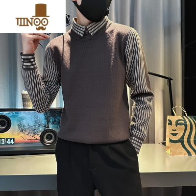 YANXU毛衣男士潮牌新款假衬衫领打底衫修身内搭针织衫上衣服
