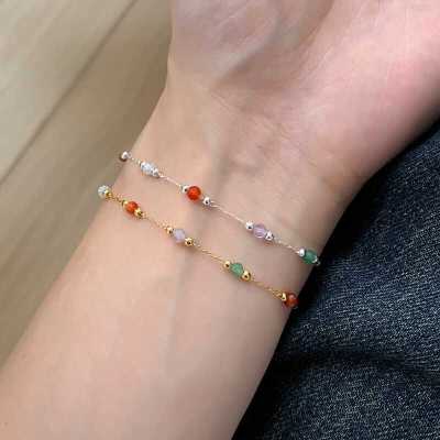 s925纯银彩色天然石串珠手链ins小众设计高级感手饰时髦银饰送女朋友老婆情人节七夕生日礼物