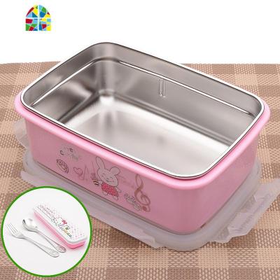 金属中小学生饭盒保温便当盒带盖分格 儿童方形微波炉快餐盘 FENGHOU 粉兔带隔板送餐具+袋子