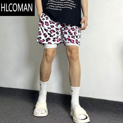 HLCOMANFI美式豹纹短裤男女夏季跑步速干运动裤刺绣假四分篮球裤