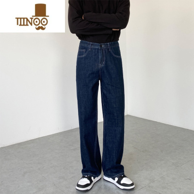 YANXU丹宁深蓝色阔腿牛仔裤男直筒宽松水洗垂感休闲裤子坠感高腰长裤潮