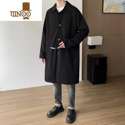 YANXU风衣中长款男卡其色翻领大衣外套单排扣2023秋季过膝休闲潮流上衣