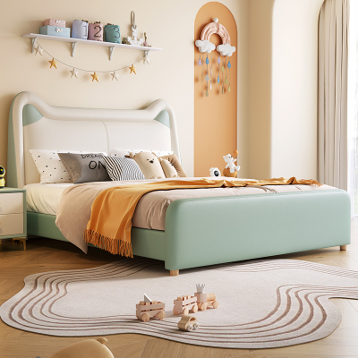 儿童床 实木双人床青少年男孩单人床 现代简约床轻奢储物皮床