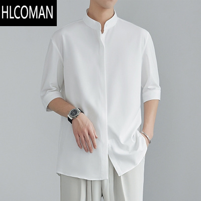 HLCOMAN新中式立领中袖衬衫男夏季新款小众冰丝衬衣高级感垂感五分袖寸衫