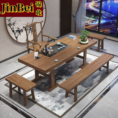 锦北茶桌大板茶桌办公室喝茶接待新中式桌椅 2.0单桌+官帽+2方凳+长凳