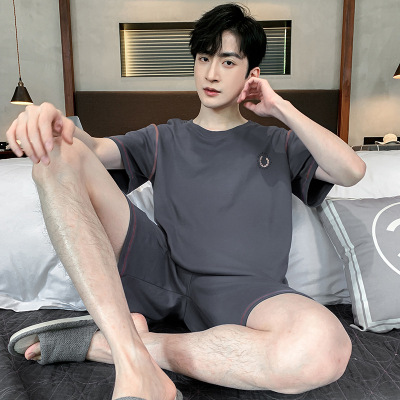 男士夏季棉质圆领短袖短裤薄款套装简约休闲学生春秋家居服可外穿