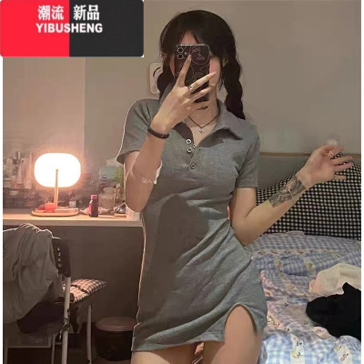 YIBUSHENG纯欲风polo领衬衫连衣裙季女性感小心机开叉包臀显瘦收腰T恤裙