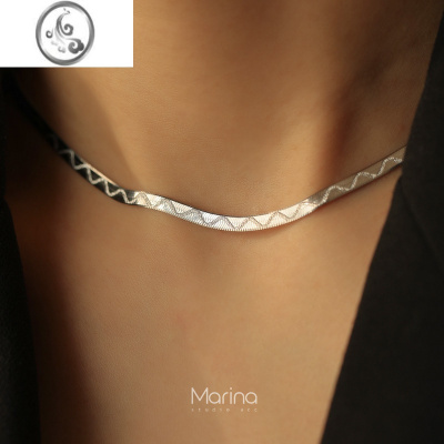 JiMi小众压纹W扁蛇骨链高级感项链 通体s925银银锁骨链丝滑细闪氛围感