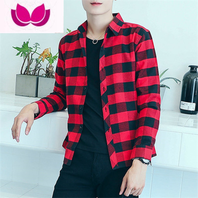 七斓夏季薄款格子衬衫男长袖青少年潮流衬衣男士保暖韩版修身帅气外套