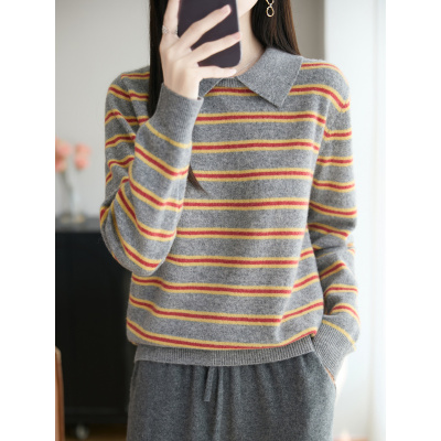 娃娃领秋冬新款长袖羊毛衫女打底衫洋气宽松圆翻领条纹毛衣