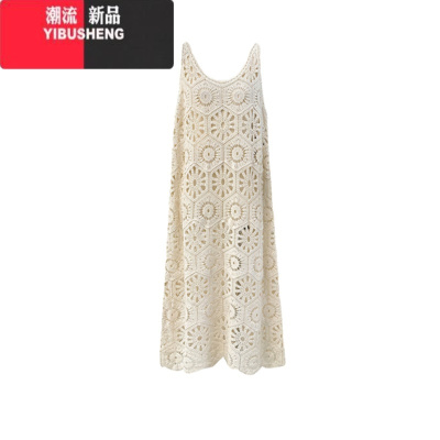 YIBUSHENG法式钩花镂空针织吊带连衣裙女宽松叠穿罩裙海边度假无袖背心裙