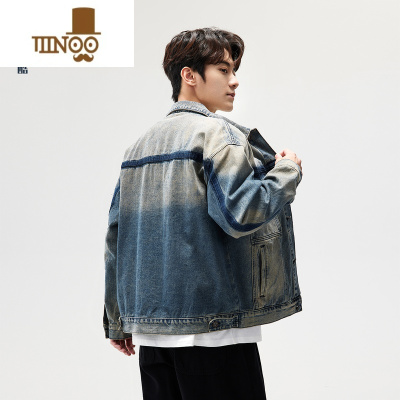 YANXU美式复古做旧外套男秋季潮牌黄泥色渐变水洗多口袋宽松牛仔夹克男