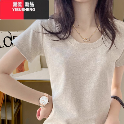YIBUSHENG灰色短袖t恤女装2024新款正肩修身短款上衣服日多巴胺穿搭小衫