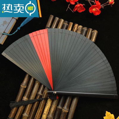 XIANCAI迷你和风中国风全竹扇子雕刻镂空古风女士折扇手工艺扇卡通礼品扇 黑色 全竹夹红色(18cm