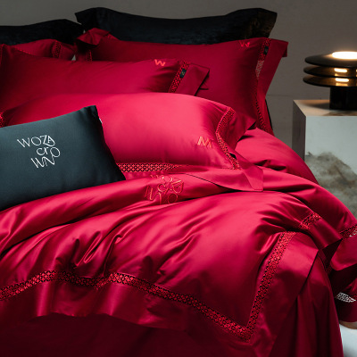 高端婚庆100s长绒棉四件套镂空边简约结婚备婚陪嫁纯棉陪嫁礼品