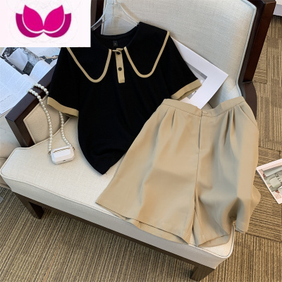 七斓小香风翻领撞色短袖时尚套装女设计感小众别致短裤洋气套