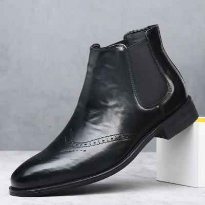 英伦风布洛克花真皮切尔西靴男潮流商务正装高帮皮靴男士马丁靴