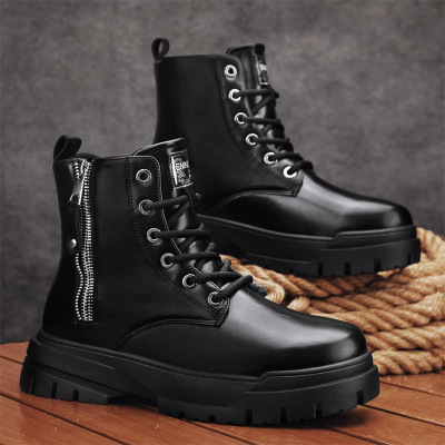 经典黑色马丁靴中筒皮靴男士拉链百搭户外工装靴子秋冬季增高男鞋