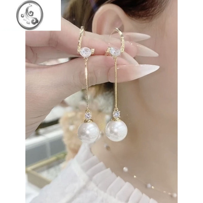 JiMi简约设计长款珍珠流苏耳环女轻奢高级感百搭气质锆石圆脸显瘦耳扣