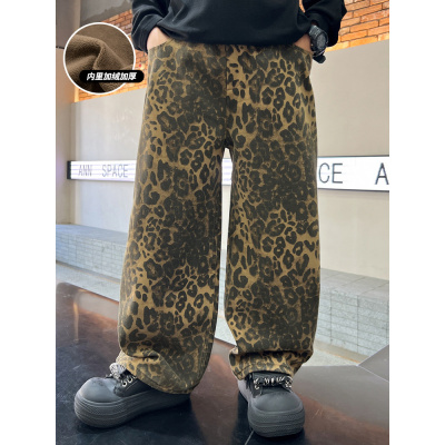 男童秋冬装加绒裤子新款豹纹休闲长裤儿童冬季保暖痞帅直筒裤