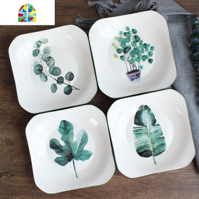 绿植陶瓷餐具碗碟勺套装北欧风碗盘组合4人/6人家用简约日式 FENGHOU 绿植6圆碗6勺