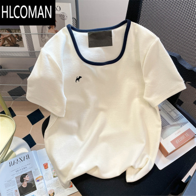 HLCOMAN韩系chic小众独特别致方领短袖t恤男女夏小个子短款修身正肩上衣