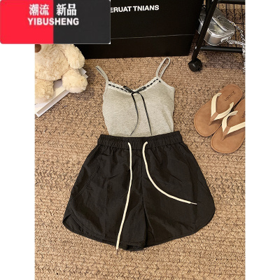 YIBUSHENG松紧腰速干运动裤抽绳休闲裤女季新款宽松高腰阔腿裤沙滩短裤子
