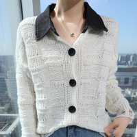 牛仔拼接polo领针织开衫女秋季新款韩版简约复古宽松慵懒毛衣外套