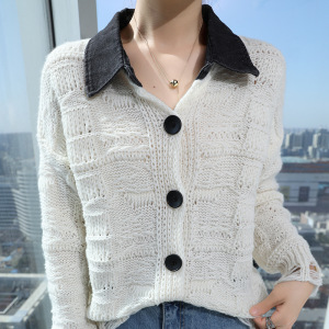 牛仔拼接polo领针织开衫女秋季新款韩版简约复古宽松慵懒毛衣外套