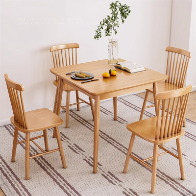 易企采 80*80CM一桌四温莎椅 橡胶实木简约现代小方桌正方形洽谈北欧简易桌椅组合家用小户型餐桌
