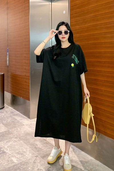 韩国大码T恤女装夏季笑脸卡通连衣裙女宽松开叉中长款过膝长裙子_1
