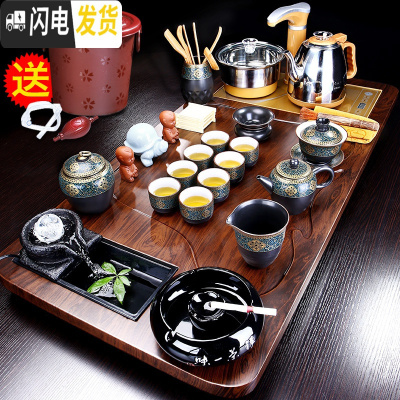三维工匠茶具套装功夫茶具家用简约办公室会客客厅全自动一体流水茶盘茶台 曲流茶盘+古韵陶泥B配件--598 27件