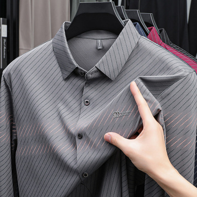 新款秋季印花男士衬衫商务休闲条纹翻领衬衣爸爸装上衣休闲