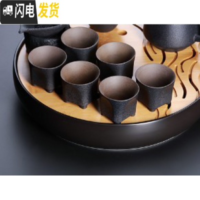 三维工匠小茶盘套装竹制迷你简约储水托盘日式功夫茶具干泡盘茶台家用茶海 黑陶鼎杯6个一组