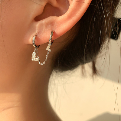 闪钻双耳洞网红流苏耳环气质高级大气设计感个性纯银耳饰潮送女朋友老婆情人节七夕生日礼物