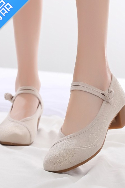 SUNTEK百搭汉服鞋子女古风搭配旗袍的鞋复古中国风高跟绣花布鞋中跟单鞋