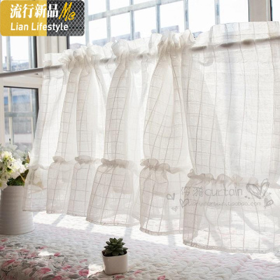 唯美韩式格子厨房小窗帘咖啡帘半帘短帘 隔断帘穿杆帘头定制粘贴 三维工匠