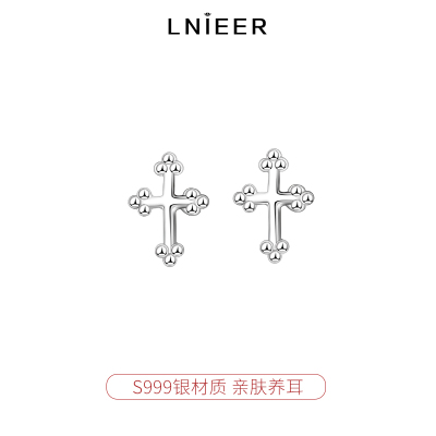 S999纯银十字架耳钉女小众耳环纯银养耳洗睡免摘个性耳骨钉耳饰送女朋友老婆情人节七夕生日礼物