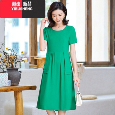 YIBUSHENG中年妈妈装棉绸连衣裙女装短袖中长款宽松大码显瘦沙滩大摆裙子
