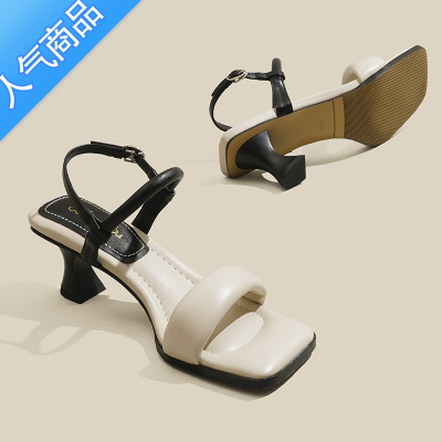 SUNTEKLOTWLD粗跟露趾方头一字带凉鞋女2023新款高级感简约百搭高跟鞋