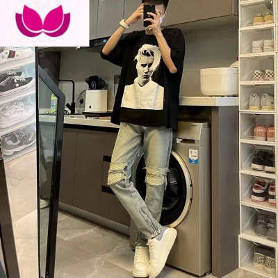 七斓乞丐破洞牛仔裤潮高街男修身直筒韩版潮牌复古做旧hiphop裤子