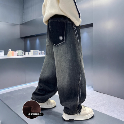 男童加绒牛仔裤秋冬款新款男孩加厚长裤潮酷儿童裤子一体绒潮