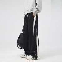 |男装美式条纹重磅休闲裤男生春秋宽松直筒百搭休闲运动裤