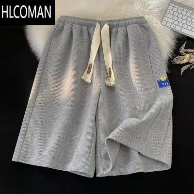 HLCOMAN华夫格短裤男夏季美式复古潮牌运动四分裤子休闲宽松绿色中裤