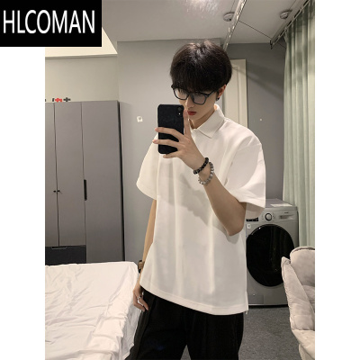 HLCOMAN300g衫男夏季美式翻领半袖衬衣高级感痞帅白色短袖