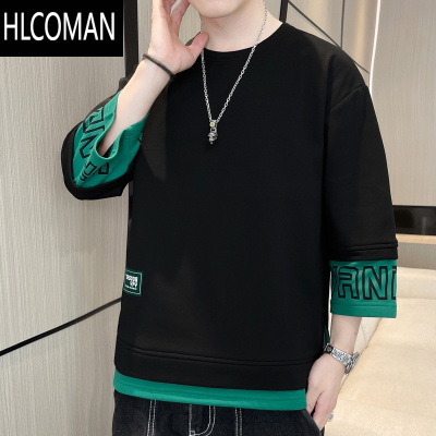 HLCOMAN假长袖t恤男款字母印花圆领打底衫男潮牌夏季七分袖体恤T