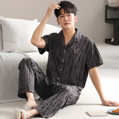 夏季纯棉男士睡衣短袖长裤开衫全棉家居服简约休闲宽松大码套装_1