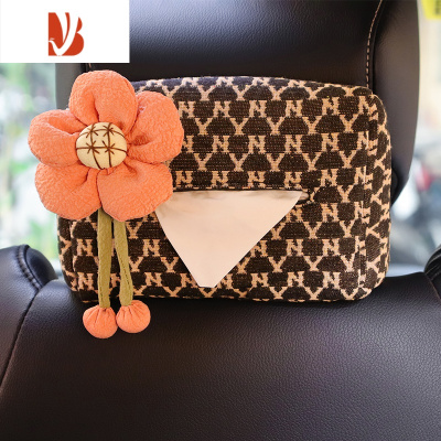 三维工匠格纹汽车抽纸盒车载纸巾盒女车内扶手箱纸盒套车上内饰用品大全 韩粉花朵 纸巾盒