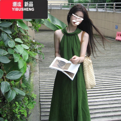 YIBUSHENG绿色无袖连衣裙子女季2024新款法式气质绝美看海边度假长裙