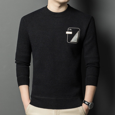 男士毛衣秋冬季新款圆领套头加绒加厚保暖打底针织衫男